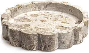Beige Scalloped Marble Tray - 8 Inch Round Stone Vanity Tray for Perfume & Jewelry, Marble Dish for Bathroom Countertop & Kitchen Counter, Brown Decorative Tray for Bathroom & Kitchen, Modern Catchall