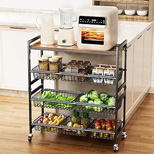 Cinati 4-Tier Utility Kitchen Cart with Wood Top, 29" W Kitchen Storage Cart with 8 Baskets & Handle, Metal Snack Cart with Wheels, Adjustable Pantry Organizer and Storage Cart for Fruit, Vegetables