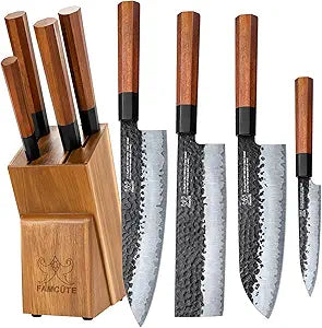 FAMCTE Japanese Knife Block Set, Hand Forged 5-Layer 9CR18MOV Clad Steel Ultra Sharp Kitchen Knives with Wooden Storage & Rosewood Handle, Includes Chef, Santoku, Nakiri, Fruit Knife for Home Mom/Dad