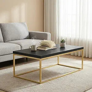 CENSI 47-Inch Black Oak and Gold Coffee Table/Center Table for Living Room, Rectangle Modern Industrial Style, Wood and Metal, 1.6" Extra Thick Top