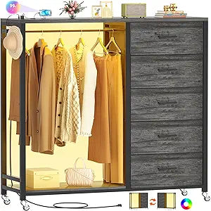 Cyclysio Dresser with Hanging Rack, 5 Fabric Drawers Dresser with Clothes Rack, Wooden Top Storage Chest of Drawers with Charging Station & LED Lights, Lockable Wheels