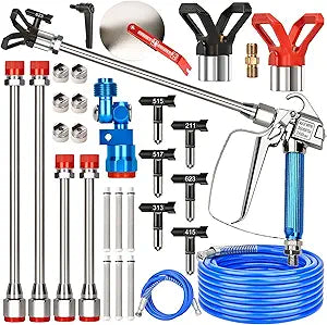 25PCS Airless Paint Sprayer Gun Kit, 3600PSI Airless Spray Gun with 50Ft and 4.92Ft High Pressure Hose, 6PCS Reversible Spray Tips & 6PCS Filters & 4PCS Extension Rod & Guide Tool & 2PCS Nozzle Seat