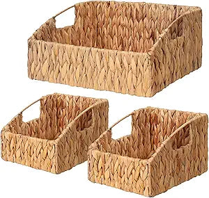 Rattan Storage Baskets, Handwoven Wicker Storage Bins with Built-in Handles, Storage Container Baskets for Shelves, Bedroom, Bathroom, Laundry Room or Kitchen(Natural)