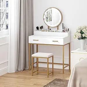 UTEX Makeup Vanity Desk with Mirror and Lights, Makeup Vanity Set with Drawers, Small Dressing Up Table, 3 Lighting Modes Dresser Desk and Cushioned Stool Set for Bedroom White and Gold