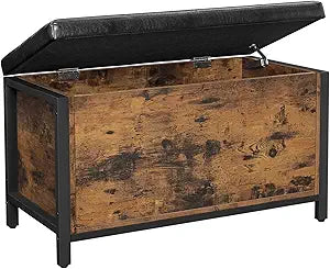VASAGLE Entryway Storage Bench, Flip Top Storage Ottoman and Trunk with Padded Seat, Bed End Stool, Hallway Living Room Bedroom, Supports 198 lb, Industrial, Rustic Brown and Black ULSC80BX