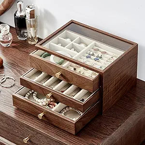 Black Walnut Wooden Jewelry Box Women large 3 Layer Drawer Organizer Box with Glass Lid for Necklaces, Watch, Necklace, Ring, Earring Storage, Ideal Gift