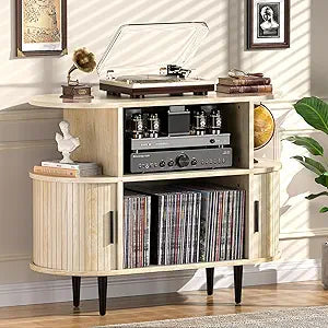 Large Record Player Stand with Storage and Shelves, Mid Century Modern Record Player Cabinet with Doors, Vinyl Record Player Table Holds 150+ Records for Living Room Bedroom (Nature)