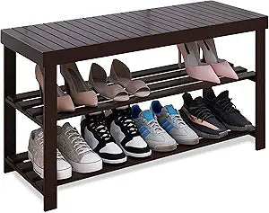 SMIBUY Sturdy Bamboo Shoe Rack Bench, 3-Tier Shoe Organizer, Storage Shelf for Entryway Hallway Bathroom Living Room (Dark Brown)