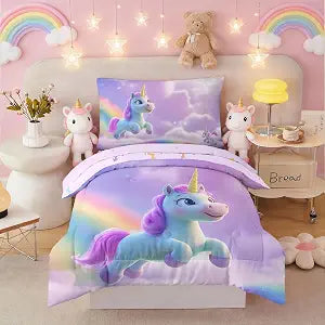 4 Pieces Unicorn Toddler Comforter Sets for Girls,Unicorn Bedding Set,Soft Crib Bed Set Including Comforter, Sheets and Pillowcase,Girls Bed in A Bag(Purple Color)