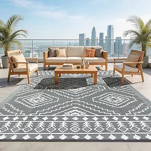 LBRO2M Waterproof Outdoor Rugs 9X12 for Patio Outdoor Plastic Straw Rug Reversible Outdoor Camping Rugs RV Rug for Deck,Backyard (9X12 Gray White)