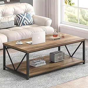FOLUBAN Modern Coffee Table, Living Room Center Table with Storage, Wood and Metal Cocktail Table, Rustic Oak, 47 Inch