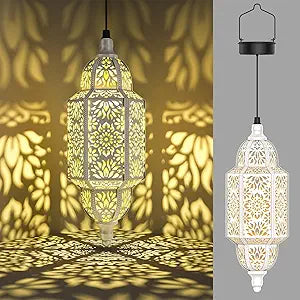 Twinkya 2 Pack Hanging Solar Lights Outdoor Garden Decorative Solar Lantern Waterproof Metal Moroccan Outdoor Decorations for Patio Pathway Yard Porch Backyard Garden Decor (White, 2 Pack)