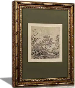 Vintage Gold Framed Wall Art Tree Forest Landscape Painting Canvas Prints Green Gray Tree Natural Sketch Picture Rustic Farmhouse Poster Artwork for Living Room Bedroom Bathroom, 16x24in