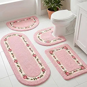 Timgle 4 Pcs Rose Flowers Coquette Bathroom Rugs Set Coquette Doom Decor Rose Flower Area Rugs Non Slip Absorbent Washable Door Mat Floral Bathroom Carpet for Home Hotel, 4 Shapes(Pink)