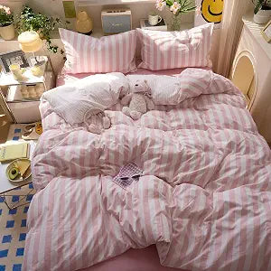Peach Pink Striped Duvet Covers Queen Boho Patterned Comforters Cover Queen Size Farmhouse Aesthetic Preppy Cute Duvet Cover Set with Corner Ties Girls Bedding Washed Microfiber Duvet Protector