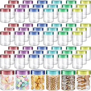 Sliner 60 Pcs 8 oz Plastic Jars with Lids Clear Round Leakproof Storage Containers Empty Refillable Plastic Mason Jars for Travel Storage Face Creams Kitchen Household Food Spice (Colorful)