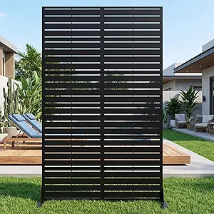Casaphoria Metal Privacy Screen Outdoor, 72" H x 47" W Freestanding Decorative Privacy Screen for Patio Deck Balcony Garden with Stable Base, Louvered Black