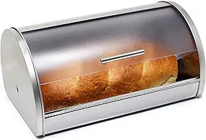 Bread Box for Kitchen Countertop Stainless Steel Bread Holder Bin Storage Container with Frosted Acrylic Roll Top Lid
