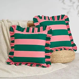 MONDAY MOOSE Decorative Throw Pillow Covers, Set of 2 Water-Resistant Striped Design with Ruffle Edge for Outdoor/Indoor Use, Pillow Inserts Not Included (20x20 inch, Pink/Dark Teal)