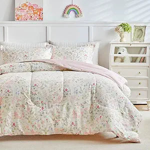 Joyreap 3pcs Floral Cotton Comforter Set for Girls, Flowers n Leaves Pink Design, Twin Size Soft Cozy Lightweight Cotton Bedding Comforter Set for All Seasons- 68x88 inches