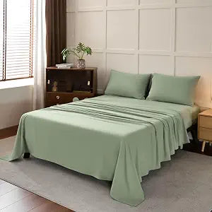 Queen Sheet Set 4 Piece Soft Microfiber Deep Pocket Sage Green | 100GSM Double-Brushed Microfiber, Wrinkle Resistant, Cooling Breathable, All-Around Elastic, Machine Washable, Hypoallergenic