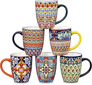 vancasso SIMI 16 oz Large Coffee Mugs Set of 6  Bohemian Ceramic Cups with Handle, Perfect for Latte, Tea, Hot Chocolate, Dishwasher & Microwave Safe Ideal Gift