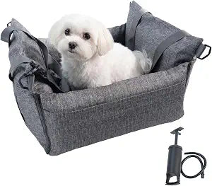 Waterproof Dog Car Seat for Small Dogs, Inflatable Pet Booster Seat with Dual Safety Straps, Portable Dog Travel Bed with Storage Pockets, Washable Cover & Cushion, Grey