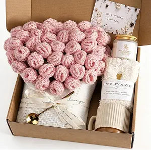 Birthday Gifts for Women, Handmade Crochet Flower Bouquet Blanket, Get Well Soon Gift Basket for Her, Unique Self Care Package Thinking of You Gift Set for Mom Friend Sister Wife