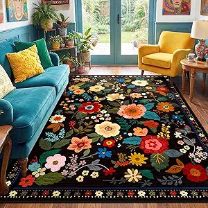 RELEANY Floral Nursery 5x7 Area Rugs Washable Print Boho Cute Carpet Non Slip Flower Low Pile for Living Room Kids Girls Playroom Bedroom Kitchen Office Farmhouse-Black