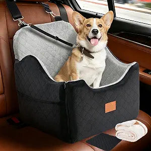 XEEP Dog Car Seat Bed for Small/Medium Dogs  Dog Booster Car Seat Up to 35 lbs -Use Travel Booster Seat with Memory Foam, Safety Belt, Bonus Urine Pad & Blanket, Removable Washable (Black/Grey)