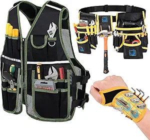 3-in-1 Tool Vest with Magnetic Wristband & Tool Belt, Adjustable Breathable Work Vest with Multiple Pockets for Construction, DIY, Gardening, Carpenters, Electrician - Comfort Design for All-Day Wear