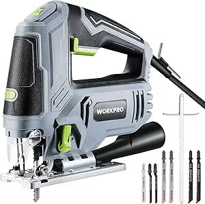 WORKPRO Jigsaw, 6.5AMP 850W Corded Electric Jig Saw Tool Kit with 6 Variable Speeds, 7 Blades, 45 Bevel Cutting, LED Light, 3000 SPM, 4 Orbital Settings, Edge Guide, Tool-free Blade Changing