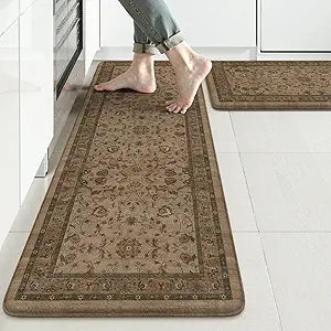 KIMODE Comfort Kitchen Floor Mats Cushioned Anti Fatigue,Boho Farmhouse Rugs for Floor Sets of 2,Memory Foam Ergonomic Kitchen Mat Non Slip for Laundry Office Bathroom Decor,Brown