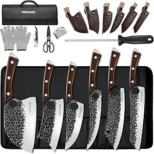 MDHAND Butcher Knife Set, 18PCS Hand Forged Serbian Chef Knife Set with Bag, Full Tang Kitchen Knife Sets with High Carbon Steel, Meat Cleaver Butcher Boning Knife for Brisket Trimming, Gift for Men