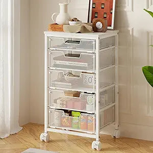 5 Drawers Rolling Storage Cart, Utility Cart with Lockable Wheels and Wooden Tabletop, Rolling Cart with Drawers, Drawer Tower Storage Cart, Organizer for Bedroom, Home, Office, White