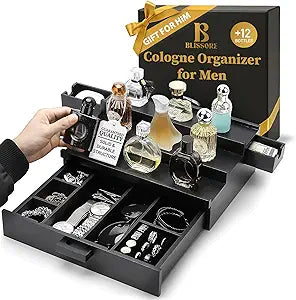 Cologne Organizer for Men | 3-Tier Wooden Cologne Stand and Display Holder with 2 Side-Opening Drawers | Ring Slots, Watch & Jewelry Storage| Perfume Stand Organizer| Perfect Gifts for Men