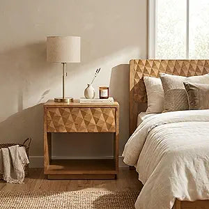 NTC Sapa Solid Wood Nightstand with 3D Carved Drawer Front  Modern Bedside Table with Open Shelf, Easy Assembled - Teak Look