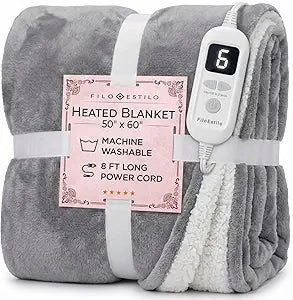 FILO ESTILO Electric Heated Throw Blanket 50"x60", 8ft Cord, 6 Heat Levels, Auto Shut Off, Machine Washable | Sherpa Heated Throw Blanket for Couch, Sofa & Bed Rapid Heating - Natural, Grey