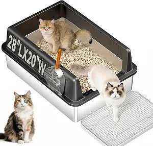 XXXL Stainless Steel Cat Litter Box with Lid (Black-B)