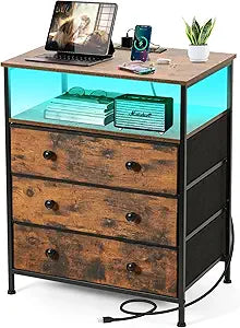 3 Drawers Dresser with Charging Station, 24 Inch Wide LED Night Stand with Adjustable Fabric Drawer, Nightstand with Storage Shelf for Living Room/Bedroom/Office, Rustic Brown.