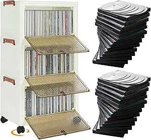 DVD Storage Cabinet Shelf,CD Media Holder Storage Bins with Lids,Stackable Organizer Cabinet with Doors and Wheels, Collapsible CD Rack for CD Blueray Game Disc for Living Room Home Office (3-SHELF)
