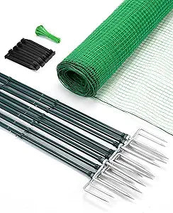 Temporary Fence with Metal Posts, 40" Hx50'L Garden Fence Animal Barrier with Ground Spikes, Plastic Fencing for Outdoor Dogs, Chicken, for Backyard, Patio, Garden