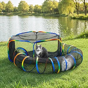Portable Cat Enclosure - 2-in-1 Outdoor Catio with Tent & Tunnel, Foldable Playpen for Indoor Cats, Includes Storage Bag for Cats & Small Animals Rainbow Color