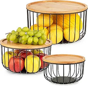 Fruit Basket for Kitchen Counter Set of 3 - Large Stackable Baskets with Bamboo Lid - Fruit Bowl, Perfect Holder For Fruits and Vegetable Storage -Keep Your Countertop Classy, Tidy and Slightly Fruity