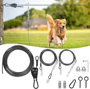 Dog Runner for Yard, 150FT Overhead Dog Zip Line Trolley System, 10FT & 16FT Tie Out Cables for 1 or 2 Small to Medium Dogs, Self-Locking Tensioner, Outdoor Dog Run Cable, Up to 50 lbs Total