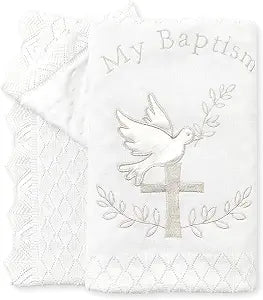 Baptism Knit Baby Blanket with Minky Dot Lining, 100% Cotton Christening Blanket 39.4 x 39.4 in, Embroidered Cross & Dove, White Heirloom Baby Baptism Gift