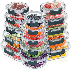 VERONES 30 Pieces Glass Meal Prep Containers Set, Stackable Glass Food Storage Containers with Lids-Airtight Lunch Containersfor Microwave, Oven, Freezer & Dishwasher,Grey