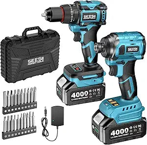 SEESII 21V Max Cordless Drill and Impact Driver, Power Tool Combo Kit Included 3/8'' Drill & 1/4'' Impact Driver, 2x 4000mAh Battery, Fast Charger, 20 pcs Driver Bit Set & Bag