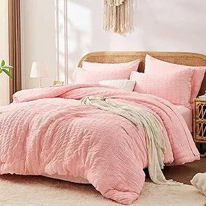 FUANNA Pink Queen Comforter Set 7 Pieces, Luxury Seersucker Queen Bed Set for All Seasons, Soft Bed in a Bag Queen Size with Comforter, Flat Sheet, Fitted Sheet, Pillowcases & Shams for Room Decor