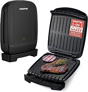 Gourmia Indoor Grill & Panini Maker  4 Serving Contact or Open Grill, Nonstick Ceramic, Preheat Indicator Light, Slope Design with Removable Dishwasher Safe Drip Tray